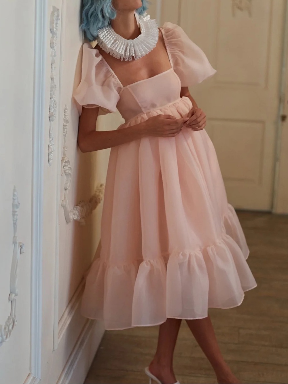 Selkie Pink Sheer French Puffy Midi Dress - Picture 2 of 7